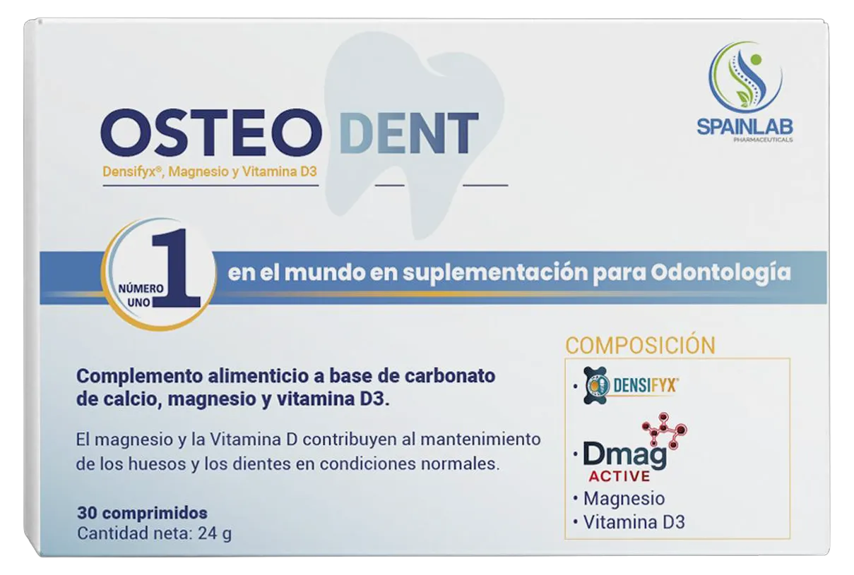 Siguiendo el estilo de los productos anteriores de la línea SPAINLAB PHARMACEUTICALS, aquí tienes la propuesta para OSTEO DENT: OSTEO DENT Texto alternativo: Envase de suplemento odontológico OSTEO DENT de Spainlab Pharmaceuticals
